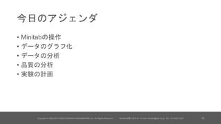 今日のアジェンダ
• Minitabの操作
• データのグラフ化
• データの分析
• 品質の分析
• 実験の計画
Copyright © 2002-2014 KOZO KEIKAKU ENGINEERING Inc. All Rights Reserved. Minitabお問い合わせ / E-mail: minitab@kke.co.jp, TEL: 03-5342-1027 15
 