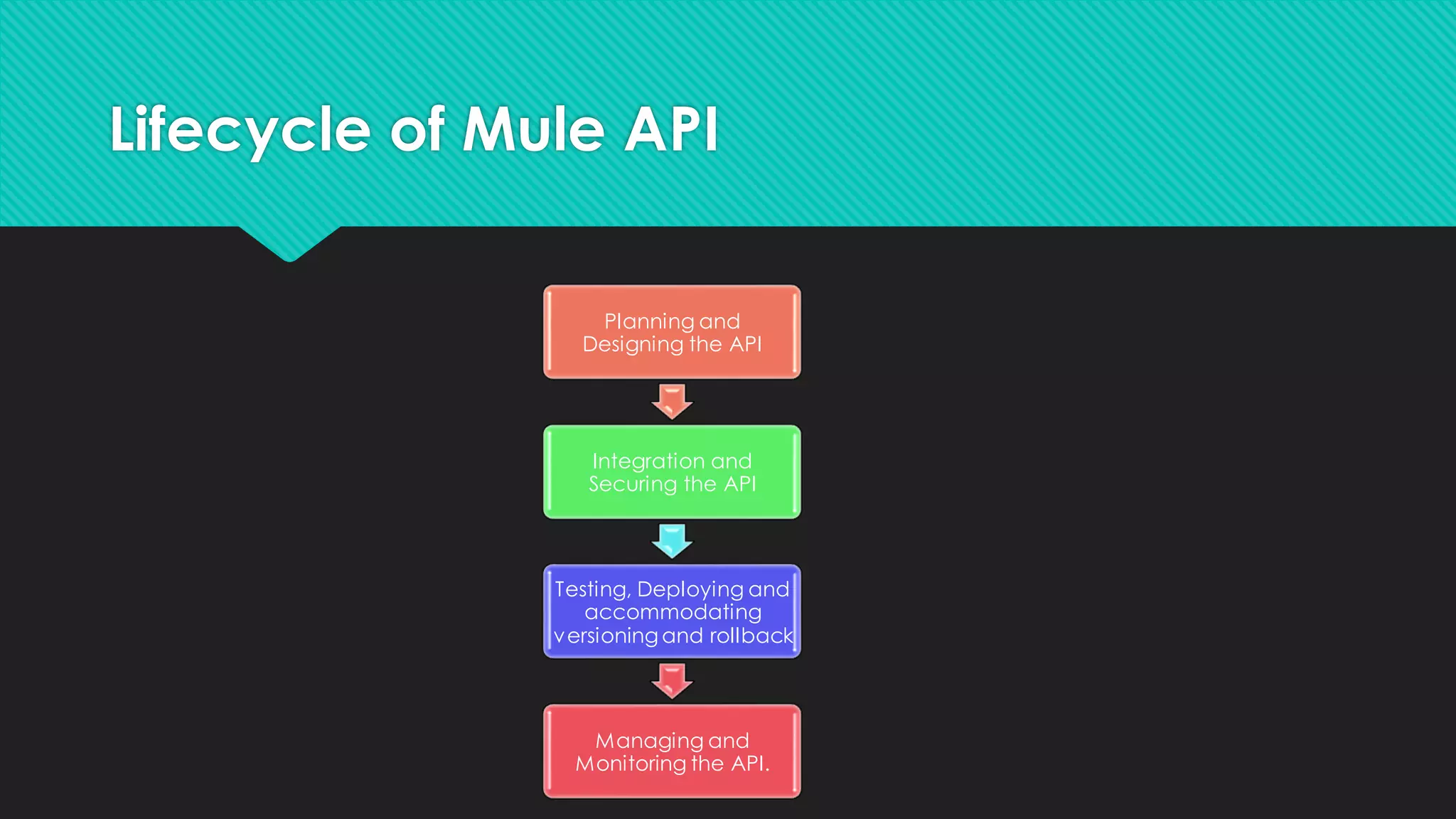 Lifecycle of Mule API Planning and Designing the API Integration and Securing the API Testing, Deploying and accommodating versioning and rollback Managing and Monitoring the API. 
