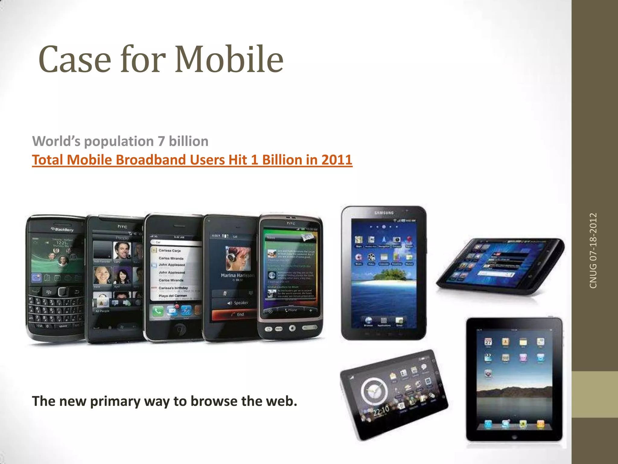 Case for Mobile CNUG07-18-2012 World’s population 7 billion Total Mobile Broadband Users Hit 1 Billion in 2011 The new primary way to browse the web. 