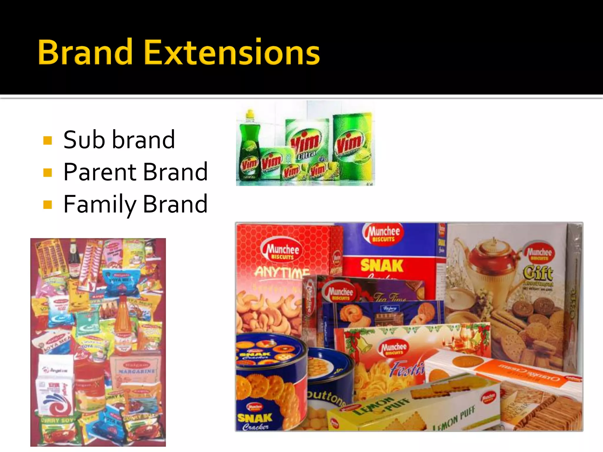  Sub brand
 Parent Brand
 Family Brand
 