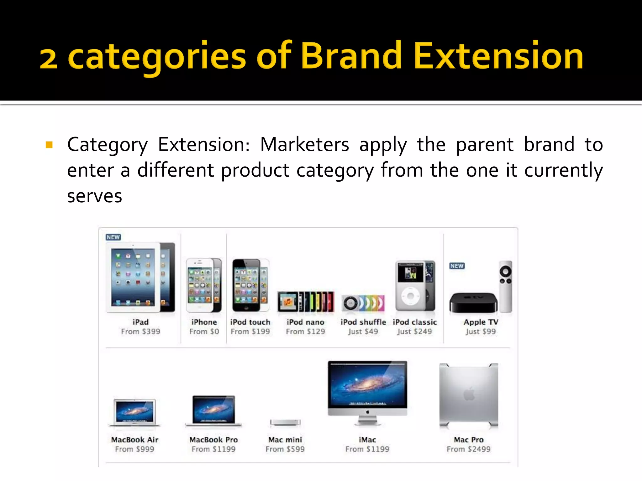  Category Extension: Marketers apply the parent brand to
enter a different product category from the one it currently
serves
 