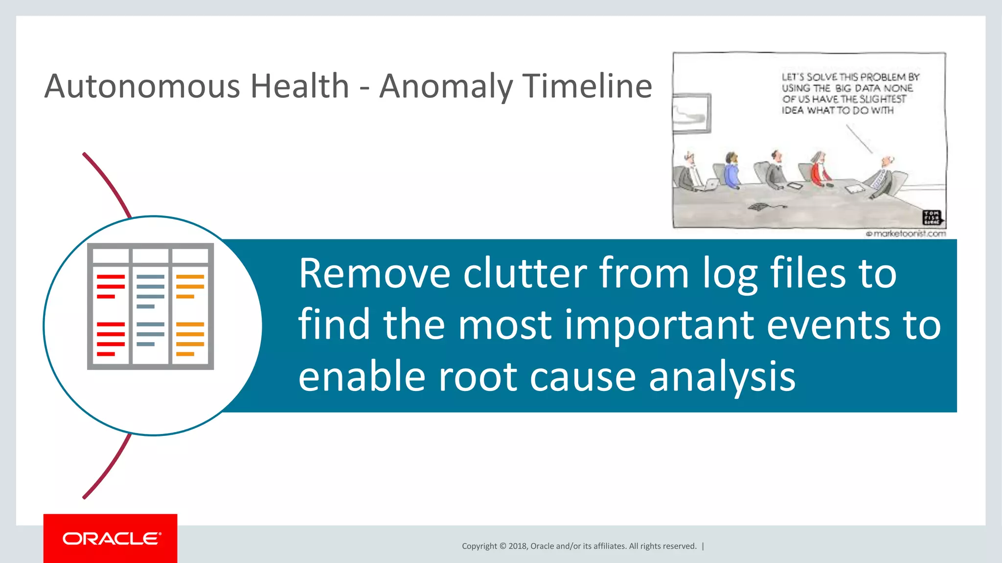 Copyright	©	2018,	Oracle	and/or	its	affiliates.	All	rights	reserved.		|
Autonomous	Health	- Anomaly	Timeline
Remove	clutter	from	log	files	to	
find	the	most	important	events	to	
enable	root	cause	analysis
 