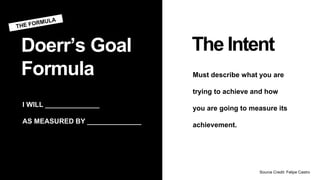 Doerr’s Goal
Formula
The Intent
Must describe what you are
trying to achieve and how
you are going to measure its
achievement.
I WILL ______________
AS MEASURED BY ______________
Source Credit: Felipe Castro
 