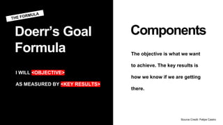 Doerr’s Goal
Formula
Components
The objective is what we want
to achieve. The key results is
how we know if we are getting
there.
I WILL <OBJECTIVE>
AS MEASURED BY <KEY RESULTS>
Source Credit: Felipe Castro
 