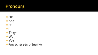  He
 She
 It
 I
 They
 We
 You
 Any other person(name)
 