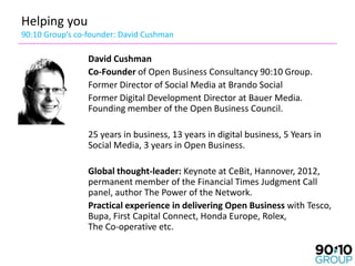 Helping you
90:10 Group’s co-founder: David Cushman

                 David Cushman
                 Co-Founder of Open Business Consultancy 90:10 Group.
                 Former Director of Social Media at Brando Social
                 Former Digital Development Director at Bauer Media.
                 Founding member of the Open Business Council.

                 25 years in business, 13 years in digital business, 5 Years in
                 Social Media, 3 years in Open Business.

                 Global thought-leader: Keynote at CeBit, Hannover, 2012,
                 permanent member of the Financial Times Judgment Call
                 panel, author The Power of the Network.
                 Practical experience in delivering Open Business with Tesco,
                 Bupa, First Capital Connect, Honda Europe, Rolex,
                 The Co-operative etc.
 