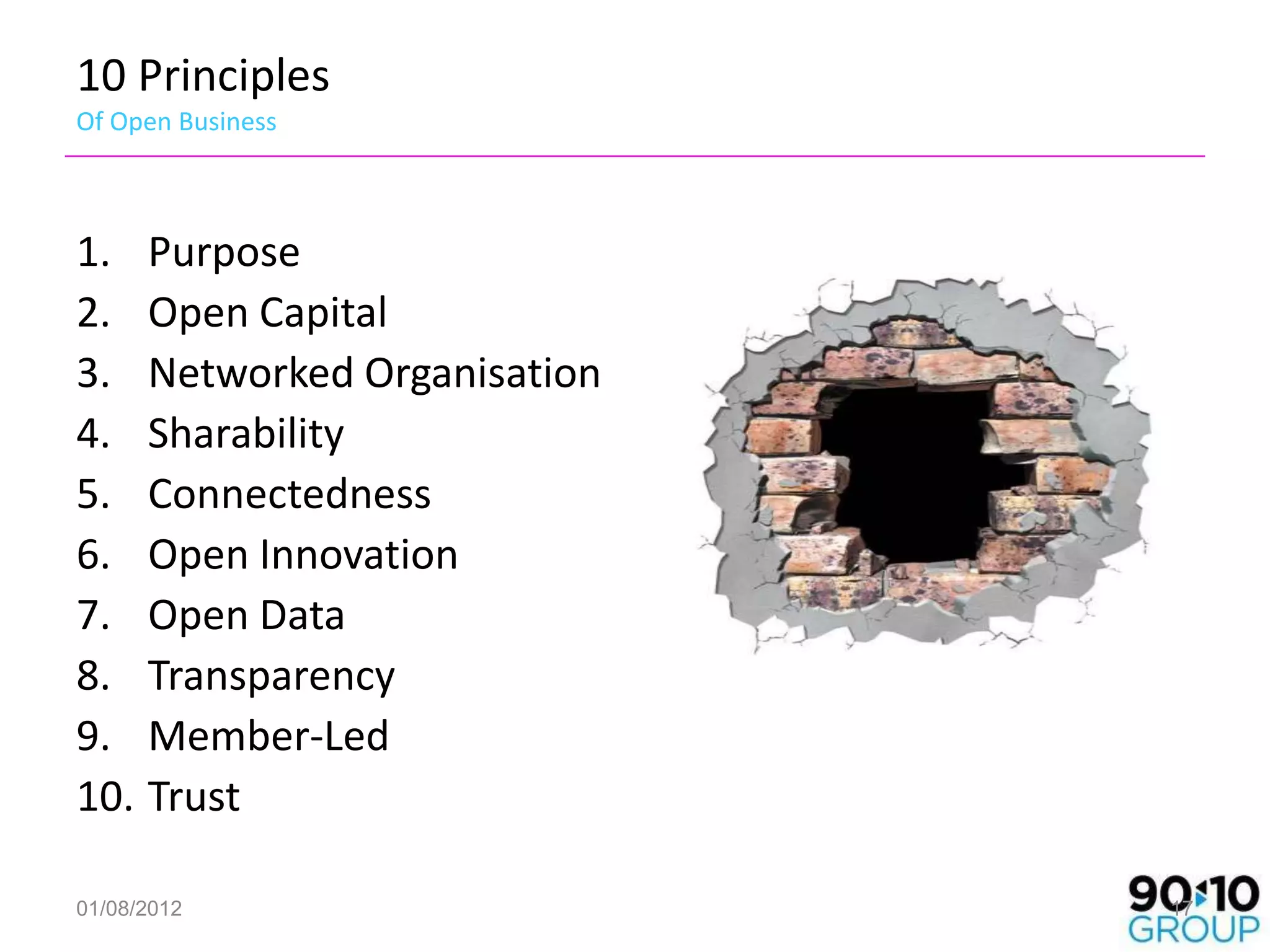 10 Principles
Of Open Business



1. Purpose
2. Open Capital
3. Networked Organisation
4. Sharability
5. Connectedness
6. Open Innovation
7. Open Data
8. Transparency
9. Member-Led
10. Trust

01/08/2012                  17
 