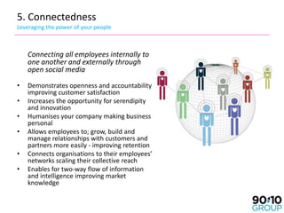 5. Connectedness
Leveraging the power of your people



    Connecting all employees internally to
    one another and externally through
    open social media
•   Demonstrates openness and accountability
    improving customer satisfaction
•   Increases the opportunity for serendipity
    and innovation
•   Humanises your company making business
    personal
•   Allows employees to; grow, build and
    manage relationships with customers and
    partners more easily - improving retention
•   Connects organisations to their employees’
    networks scaling their collective reach
•   Enables for two-way flow of information
    and intelligence improving market
    knowledge
 