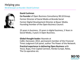 Helping you
90:10 Group’s co-founder: David Cushman

                 David Cushman
                 Co-Founder of Open Business Consultancy 90:10 Group.
                 Former Director of Social Media at Brando Social
                 Former Digital Development Director at Bauer Media.
                 Founding member of the Open Business Council.

                 25 years in business, 13 years in digital business, 5 Years in
                 Social Media, 3 years in Open Business.

                 Global thought-leader: Keynote at
                 CeBit, Hannover, 2012, permanent member of the Financial
                 Times Judgment Call panel, author The Power of the Network.
                 Practical experience in delivering Open Business with
                 Tesco, Bupa, First Capital Connect, Honda Europe, Rolex,
                 The Co-operative etc.
 