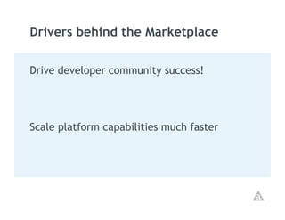 Drivers behind the Marketplace

Drive developer community success!




Scale platform capabilities much faster
 