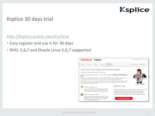 Copyright	
  ©	
  2015	
  Oracle	
  and/or	
  its	
  aﬃliates.	
  All	
  rights	
  reserved.	
  	
  |	
  
Ksplice	
  30	
  days	
  trial	
hep://ksplice.oracle.com/try/trial	
  
•  Easy	
  register	
  and	
  use	
  it	
  for	
  30	
  days	
  
•  RHEL	
  5,6,7	
  and	
  Oracle	
  Linux	
  5,6,7	
  supported	
  
18	
 