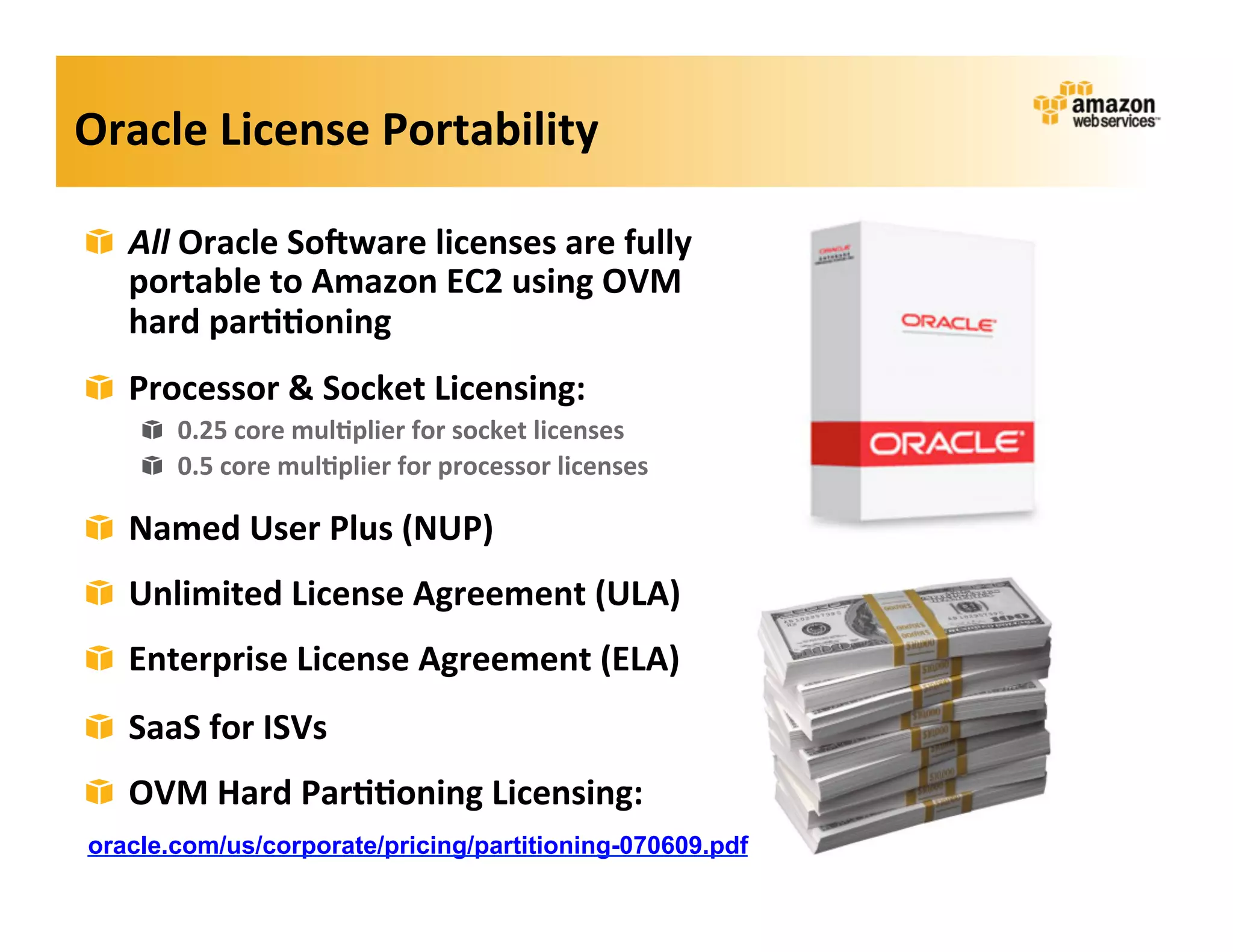 Oracle	
  License	
  Portability	
  

! All	
  Oracle	
  So=ware	
  licenses	
  are	
  fully	
  
  portable	
  to	
  Amazon	
  EC2	
  using	
  OVM	
  
  hard	
  par??oning	
  
! Processor	
  &	
  Socket	
  Licensing:	
  
     ! 0.25	
  core	
  mul?plier	
  for	
  socket	
  licenses	
  
     ! 0.5	
  core	
  mul?plier	
  for	
  processor	
  licenses	
  

! Named	
  User	
  Plus	
  (NUP)	
  
! Unlimited	
  License	
  Agreement	
  (ULA)	
  
! Enterprise	
  License	
  Agreement	
  (ELA)	
  
! SaaS	
  for	
  ISVs	
  
! OVM	
  Hard	
  Par??oning	
  Licensing:	
  	
  
oracle.com/us/corporate/pricing/partitioning-070609.pdf
 