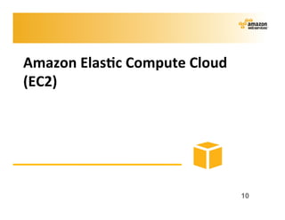 Amazon	
  Elas?c	
  Compute	
  Cloud	
  
(EC2)	
  




                                           10
 