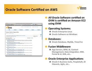 Oracle	
  So=ware	
  Cer?ﬁed	
  on	
  AWS	
  

                                 ! All	
  Oracle	
  So=ware	
  cer?ﬁed	
  on	
  
                                   OVM	
  is	
  cer?ﬁed	
  on	
  Amazon	
  EC2	
  
                                   using	
  OVM	
  
                                 ! Opera?ng	
  Systems:	
  
                                     ! Oracle	
  Enterprise	
  Linux	
  
                                     ! Oracle	
  So=ware	
  on	
  Windows	
  

                                 ! Databases:	
  
                                     ! Oracle	
  Database,	
  MySQL,	
  TimesTen	
  

                                 ! Fusion	
  Middleware	
  
                                     ! App	
  Servers,	
  BPM,	
  BI,	
  Content	
  
                                       Management,	
  Data	
  Integra?on,	
  IDM,	
  
                                       Portal	
  &	
  UI,	
  SOA,	
  etc…	
  

                                 ! Oracle	
  Enterprise	
  Applica?ons	
  
                                     ! Oracle	
  E-­‐Business	
  Suite,	
  PeopleSo=,	
  JD	
  
                                       Edwards,	
  Agile,	
  etc…	
  
 