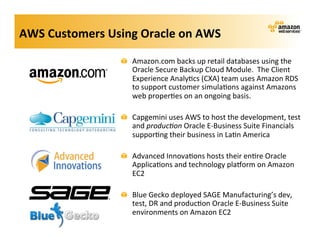 AWS	
  Customers	
  Using	
  Oracle	
  on	
  AWS	
  

                         !      Amazon.com	
  backs	
  up	
  retail	
  databases	
  using	
  the	
  
                                Oracle	
  Secure	
  Backup	
  Cloud	
  Module.	
  	
  The	
  Client	
  
                                Experience	
  Analy;cs	
  (CXA)	
  team	
  uses	
  Amazon	
  RDS	
  
                                to	
  support	
  customer	
  simula;ons	
  against	
  Amazons	
  
                                web	
  proper;es	
  on	
  an	
  ongoing	
  basis.	
  
                         	
  
                         !      Capgemini	
  uses	
  AWS	
  to	
  host	
  the	
  development,	
  test	
  
                                and	
  produc,on	
  Oracle	
  E-­‐Business	
  Suite	
  Financials	
  
                                suppor;ng	
  their	
  business	
  in	
  La;n	
  America	
  
                         	
  
                         !      Advanced	
  Innova;ons	
  hosts	
  their	
  en;re	
  Oracle	
  
                                Applica;ons	
  and	
  technology	
  plaVorm	
  on	
  Amazon	
  
                                EC2	
  

                         !      Blue	
  Gecko	
  deployed	
  SAGE	
  Manufacturing’s	
  dev,	
  
                                test,	
  DR	
  and	
  produc;on	
  Oracle	
  E-­‐Business	
  Suite	
  
                                environments	
  on	
  Amazon	
  EC2	
  
 