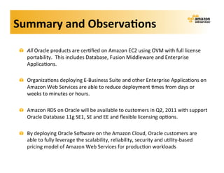 Summary	
  and	
  Observa?ons	
  
 !   All	
  Oracle	
  products	
  are	
  cer;ﬁed	
  on	
  Amazon	
  EC2	
  using	
  OVM	
  with	
  full	
  license	
  
     portability.	
  	
  This	
  includes	
  Database,	
  Fusion	
  Middleware	
  and	
  Enterprise	
  
     Applica;ons.	
  

 !   Organiza;ons	
  deploying	
  E-­‐Business	
  Suite	
  and	
  other	
  Enterprise	
  Applica;ons	
  on	
  
     Amazon	
  Web	
  Services	
  are	
  able	
  to	
  reduce	
  deployment	
  ;mes	
  from	
  days	
  or	
  
     weeks	
  to	
  minutes	
  or	
  hours.	
  

 !   Amazon	
  RDS	
  on	
  Oracle	
  will	
  be	
  available	
  to	
  customers	
  in	
  Q2,	
  2011	
  with	
  support	
  
     Oracle	
  Database	
  11g	
  SE1,	
  SE	
  and	
  EE	
  and	
  ﬂexible	
  licensing	
  op;ons.	
  

 !   By	
  deploying	
  Oracle	
  Sokware	
  on	
  the	
  Amazon	
  Cloud,	
  Oracle	
  customers	
  are	
  
     able	
  to	
  fully	
  leverage	
  the	
  scalability,	
  reliability,	
  security	
  and	
  u;lity-­‐based	
  
     pricing	
  model	
  of	
  Amazon	
  Web	
  Services	
  for	
  produc;on	
  workloads	
  
 
