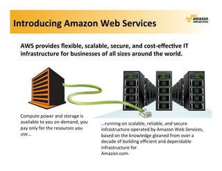 Introducing	
  Amazon	
  Web	
  Services	
  

  AWS	
  provides	
  ﬂexible,	
  scalable,	
  secure,	
  and	
  cost-­‐eﬀec?ve	
  IT	
  
  infrastructure	
  for	
  businesses	
  of	
  all	
  sizes	
  around	
  the	
  world.	
  




  Compute	
  power	
  and	
  storage	
  is	
  
  available	
  to	
  you	
  on-­‐demand,	
  you	
     …running	
  on	
  scalable,	
  reliable,	
  and	
  secure	
  
  pay	
  only	
  for	
  the	
  resources	
  you	
     infrastructure	
  operated	
  by	
  Amazon	
  Web	
  Services,	
  
  use…	
                                              based	
  on	
  the	
  knowledge	
  gleaned	
  from	
  over	
  a	
  
                                                      decade	
  of	
  building	
  eﬃcient	
  and	
  dependable	
  
                                                      infrastructure	
  for	
  	
  
                                                      Amazon.com.	
  
 
