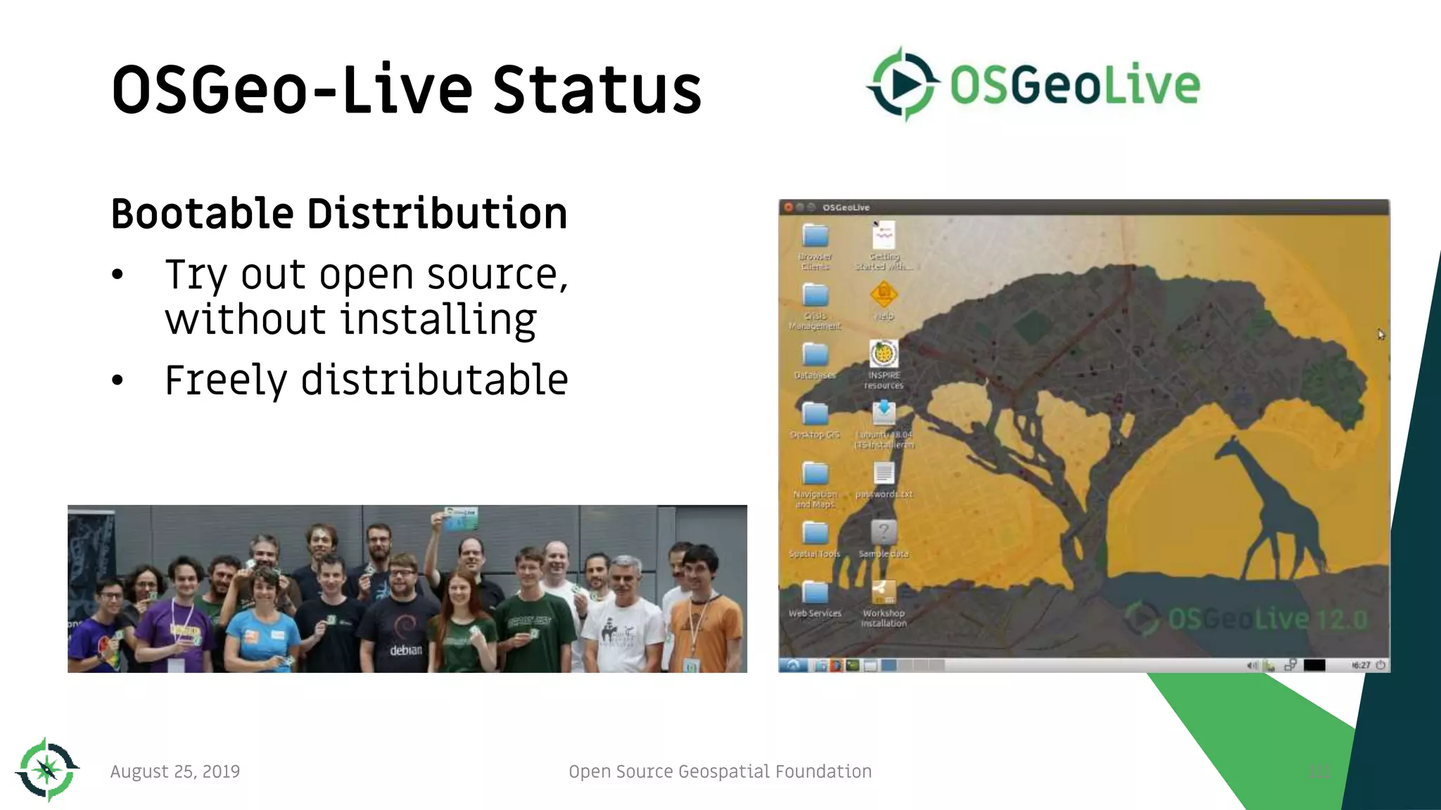 Bootable Distribution
• Try out open source,
without installing
• Freely distributable
OSGeo-Live Status
111August 25, 2019 Open Source Geospatial Foundation
 