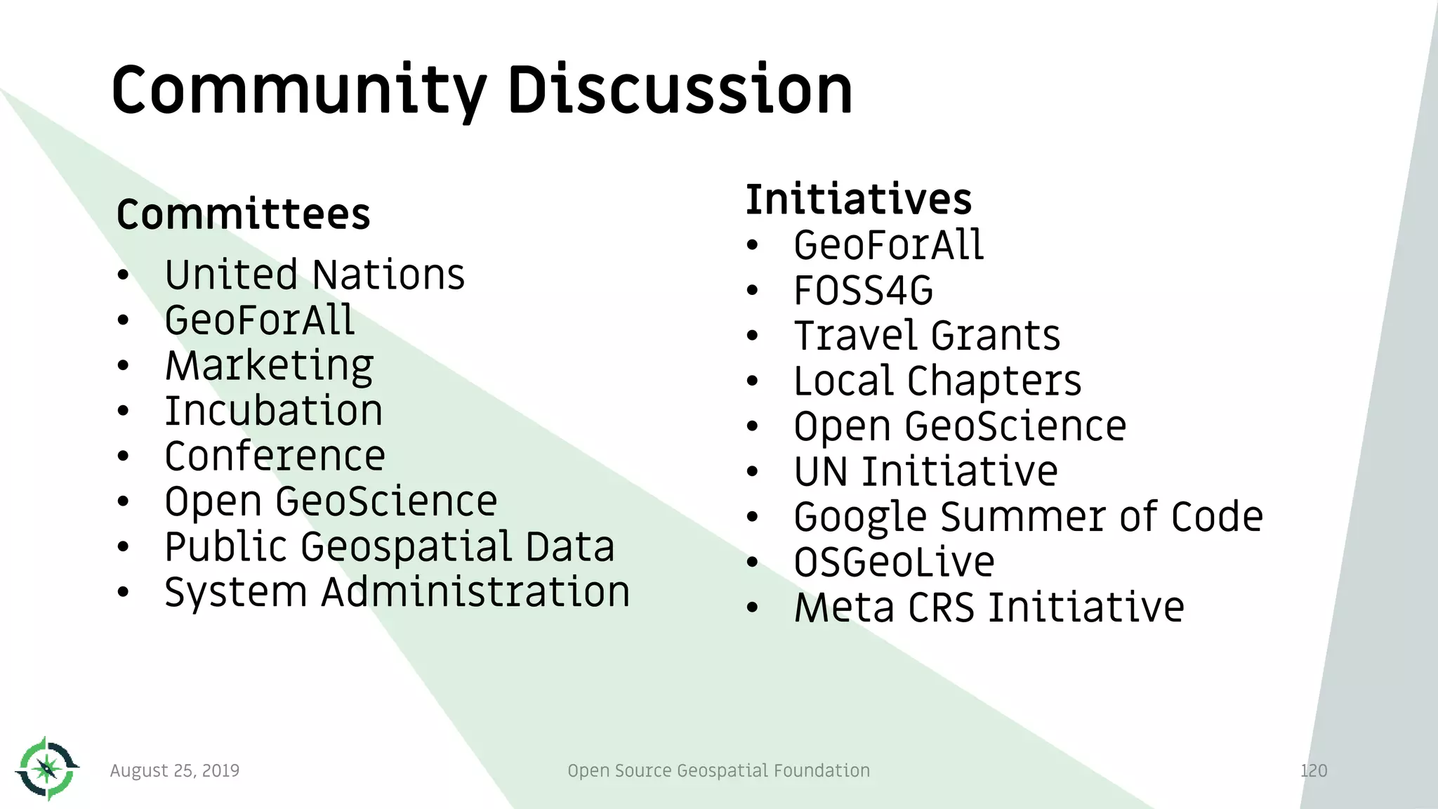 Community Discussion
Committees
• United Nations
• GeoForAll
• Marketing
• Incubation
• Conference
• Open GeoScience
• Public Geospatial Data
• System Administration
Initiatives
• GeoForAll
• FOSS4G
• Travel Grants
• Local Chapters
• Open GeoScience
• UN Initiative
• Google Summer of Code
• OSGeoLive
• Meta CRS Initiative
August 25, 2019 Open Source Geospatial Foundation 120
 