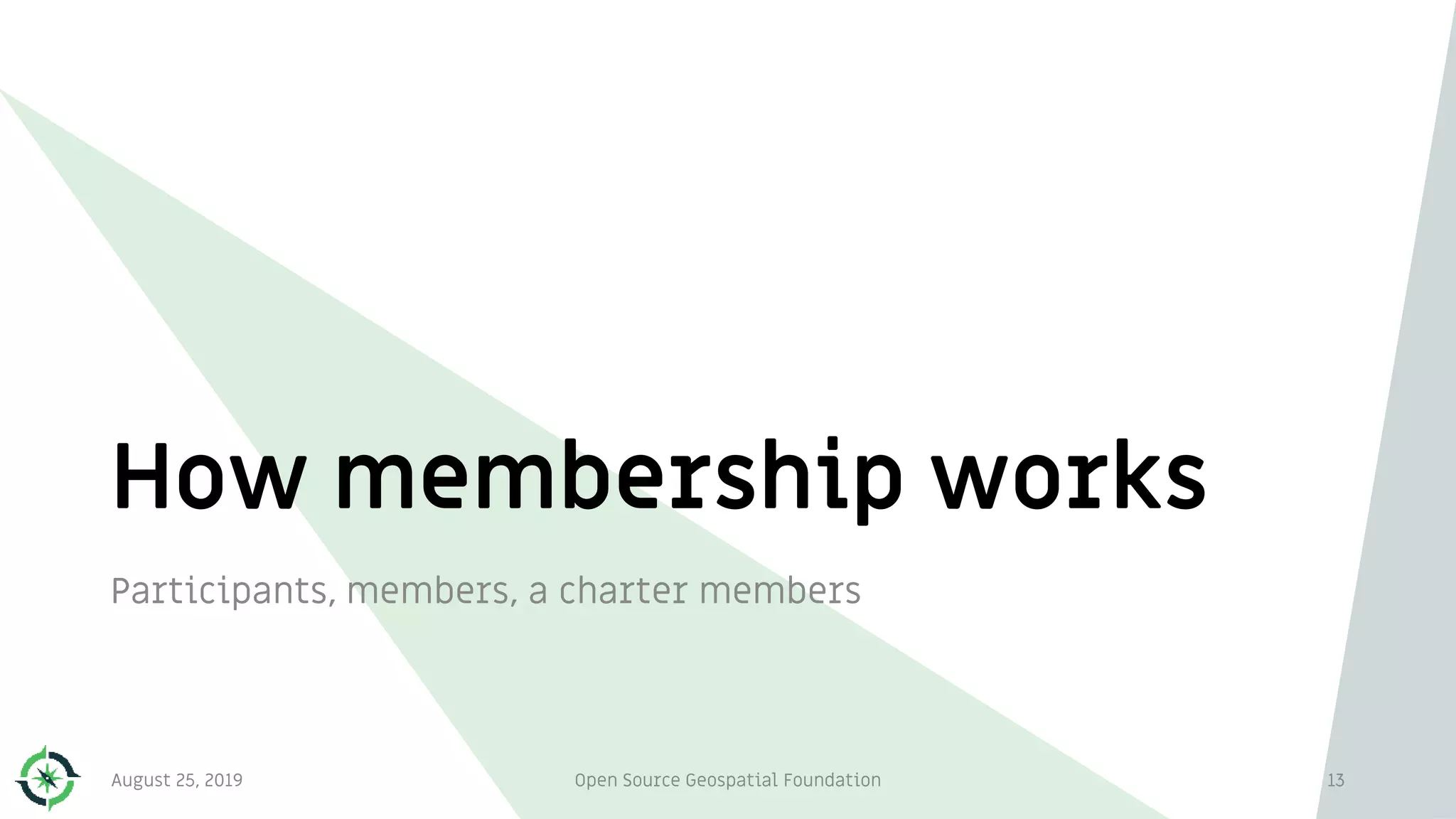 How membership works
13
Participants, members, a charter members
August 25, 2019 Open Source Geospatial Foundation
 