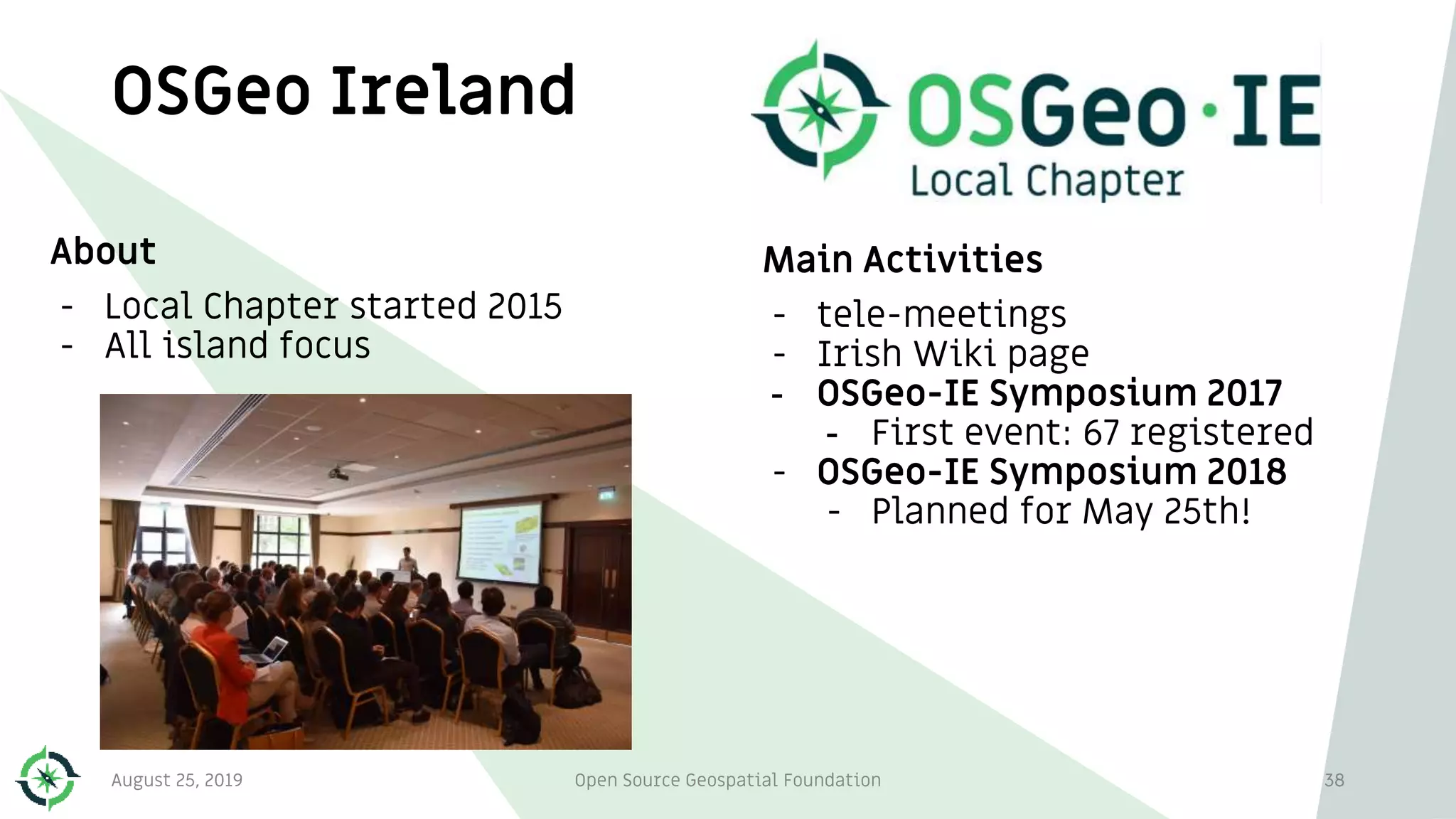38
Main Activities
- tele-meetings
- Irish Wiki page
- OSGeo-IE Symposium 2017
- First event: 67 registered
- OSGeo-IE Symposium 2018
- Planned for May 25th!
38
About
- Local Chapter started 2015
- All island focus
OSGeo Ireland
August 25, 2019 Open Source Geospatial Foundation
 