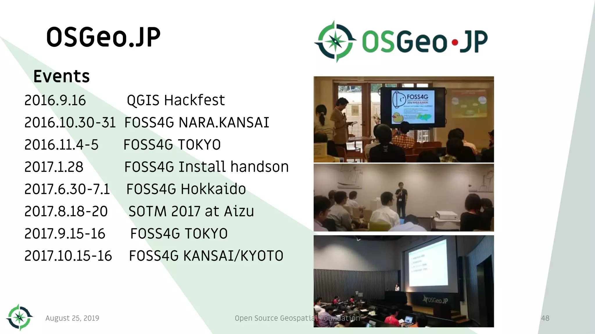 OSGeo.JP
Events
2016.9.16 QGIS Hackfest
2016.10.30-31 FOSS4G NARA.KANSAI
2016.11.4-5 FOSS4G TOKYO
2017.1.28 FOSS4G Install handson
2017.6.30-7.1 FOSS4G Hokkaido
2017.8.18-20 SOTM 2017 at Aizu
2017.9.15-16 FOSS4G TOKYO
2017.10.15-16 FOSS4G KANSAI/KYOTO
48August 25, 2019 Open Source Geospatial Foundation
 