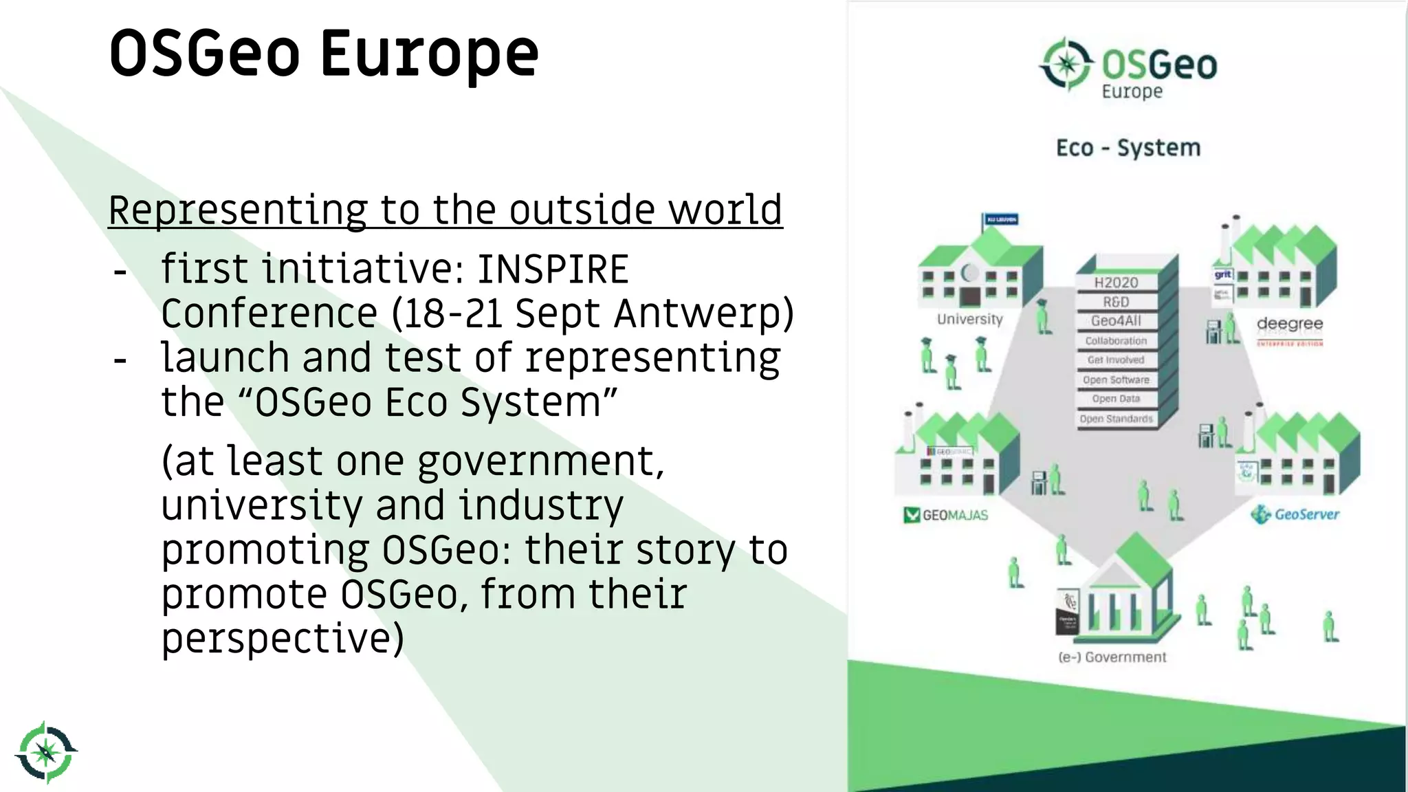OSGeo Europe
Representing to the outside world
- first initiative: INSPIRE
Conference (18-21 Sept Antwerp)
- launch and test of representing
the “OSGeo Eco System”
(at least one government,
university and industry
promoting OSGeo: their story to
promote OSGeo, from their
perspective)
52
 