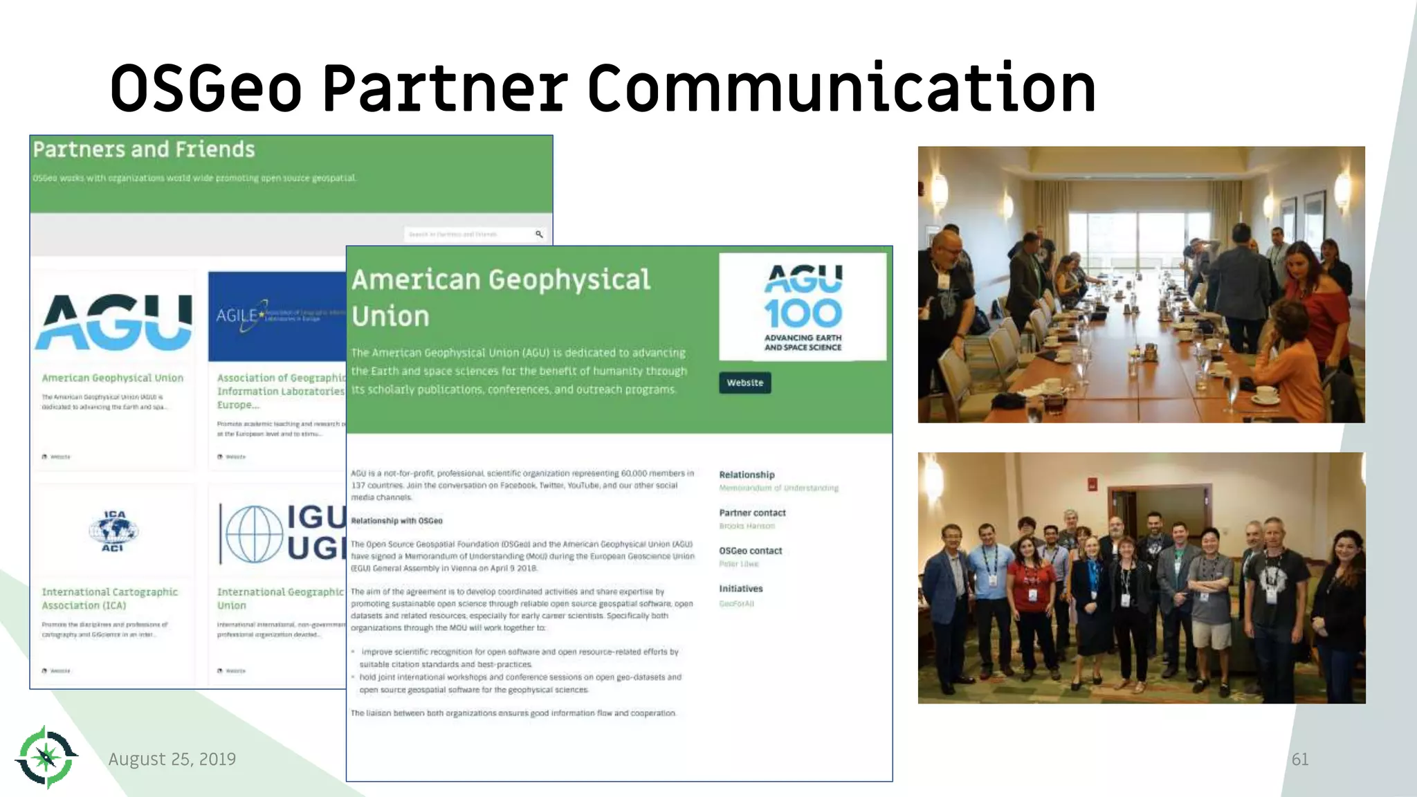 OSGeo Partner Communication
August 25, 2019 Open Source Geospatial Foundation 61
 