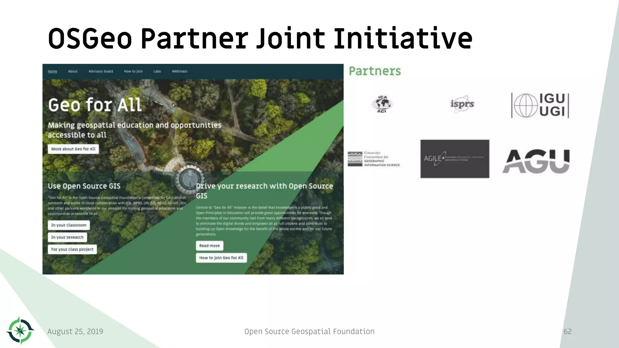 OSGeo Partner Joint Initiative
August 25, 2019 Open Source Geospatial Foundation 62
 