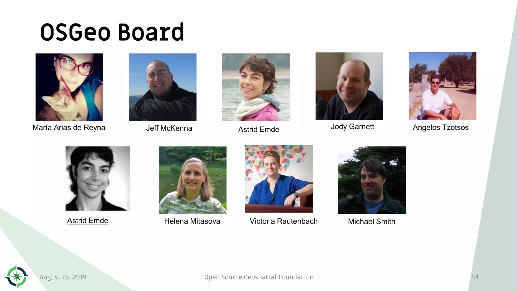 OSGeo Board
August 25, 2019 Open Source Geospatial Foundation 64
Jody GarnettMaría Arias de Reyna
Astrid Emde
Jeff McKenna
Victoria Rautenbach
Astrid Emde
Helena Mitasova Michael Smith
Angelos Tzotsos
 