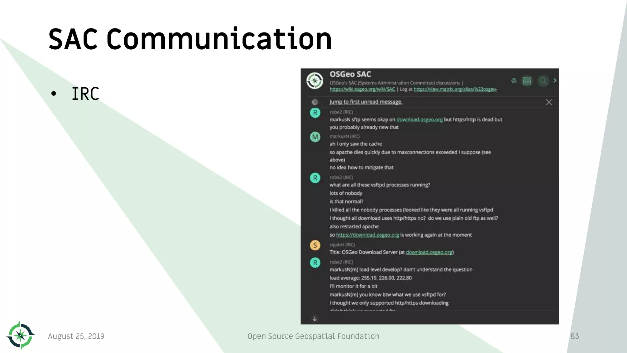SAC Communication
• IRC
August 25, 2019 Open Source Geospatial Foundation 83
 