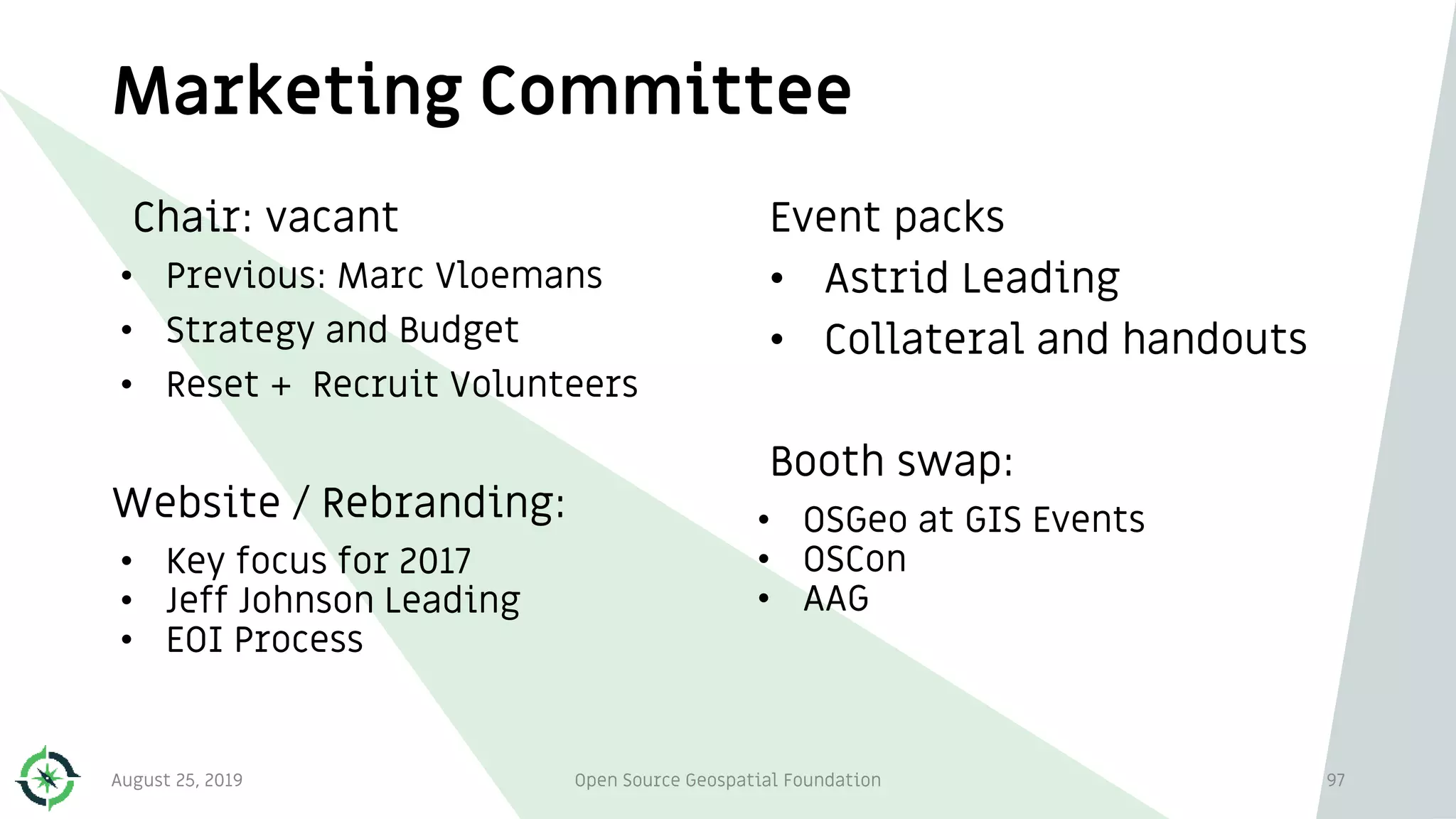 Event packs
• Astrid Leading
• Collateral and handouts
Booth swap:
• OSGeo at GIS Events
• OSCon
• AAG
Marketing Committee
97
Chair: vacant
• Previous: Marc Vloemans
• Strategy and Budget
• Reset + Recruit Volunteers
Website / Rebranding:
• Key focus for 2017
• Jeff Johnson Leading
• EOI Process
August 25, 2019 Open Source Geospatial Foundation
 