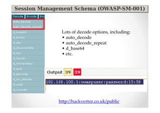 Lots of decode options, including:
 • auto_decode
 • auto_decode_repeat
 • d_base64
 • etc.




http://hackvertor.co.uk/public
 