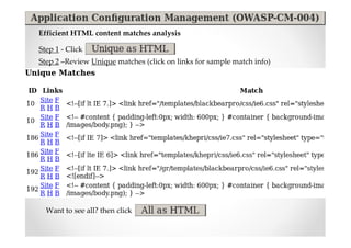 Efficient HTML content matches analysis

Step 1 - Click
Step 2 –Review Unique matches (click on links for sample match info)




  Want to see all? then click
 