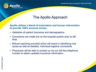 Apollo utilizes a blend of automation and human intervention to provide 100% account review: Validation of patient insurance and demographics Corrections are made live on the hospital system prior to bill drop Robust reporting provided which will assist in identifying root cause as well as detailed, individual registrar scorecards  Physicians will be able to contact us via our toll free telephone number to obtain updated insurance information The Apollo Approach | Confidential | Page  