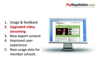 1. Usage & feedback
2. Upgraded video
streaming
3. New expert content
4. Improved user-
experience
5. New usage data for
member schools
 