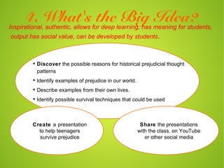 4. What's the Big Idea?
Inspirational, authentic, allows for deep learning, has meaning for students,
output has social value, can be developed by students .




         Discover
          Identify examples of prejudice in our world.
          Describe examples from their own lives.
          Identify possible survival techniques that could be used




         Create a presentation                            Share the presentations
           to help teenagers                             with the class, on YouTube
           survive prejudice                                or other social media
 