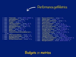 Budgets on metrics
{ name: 'Timestamp', value: 66567.150449 },
{ name: 'AudioHandlers', value: 0 },
{ name: 'Documents', value: 8 },
{ name: 'Frames', value: 3 },
{ name: 'JSEventListeners', value: 34 },
{ name: 'LayoutObjects', value: 455 },
{ name: 'MediaKeySessions', value: 0 },
{ name: 'MediaKeys', value: 0 },
{ name: 'Nodes', value: 970 },
{ name: 'Resources', value: 74 },
{ name: 'ContextLifecycleStateObservers',
value: 0 },
{ name: 'V8PerContextDatas', value: 4 },
{ name: 'WorkerGlobalScopes', value: 0 },
{ name: 'UACSSResources', value: 0 },
{ name: 'RTCPeerConnections', value: 0 },
{ name: 'ResourceFetchers', value: 8 },
{ name: 'AdSubframes', value: 0 }
{ name: 'DetachedScriptStates', value: 2 },
{ name: 'LayoutCount', value: 13 },
{ name: 'RecalcStyleCount', value: 22 },
{ name: 'LayoutDuration', value: 0.067929 },
{ name: 'RecalcStyleDuration', value: 0.029508 },
{ name: 'ScriptDuration', value: 0.122922 },
{ name: 'V8CompileDuration', value: 0.003031 },
{ name: 'TaskDuration', value: 0.336774 },
{ name: 'TaskOtherDuration', value: 0.116415 },
{ name: 'ThreadTime', value: 0.275266 },
{ name: 'JSHeapUsedSize', value: 7816504 },
{ name: 'JSHeapTotalSize', value: 11096064 },
{ name: 'FirstMeaningfulPaint', value: 66565.452541 },
{ name: 'DomContentLoaded', value: 66565.386449 },
{ name: 'NavigationStart', value: 66564.624457 }
Performance.getMetrics
 