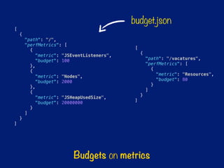Budgets on metrics
[
{
"path": "/",
"perfMetrics": [
{
"metric": "JSEventListeners",
"budget": 100
},
{
"metric": "Nodes",
"budget": 2000
},
{
"metric": "JSHeapUsedSize",
"budget": 20000000
}
]
}
]
[
{
"path": "/vacatures",
"perfMetrics": [
{
"metric": "Resources",
"budget": 80
}
]
}
]
budget.json
 