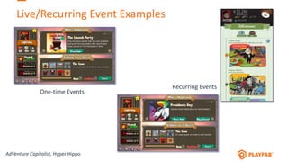 Live/Recurring Event Examples
AdVenture Capitalist, Hyper Hippo
One-time Events
Recurring Events
 