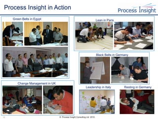 Process Insight in Action Leadership in Italy Resting in Germany Lean in Paris Green Belts in Egypt Black Belts in Germany  Change Management in UK  