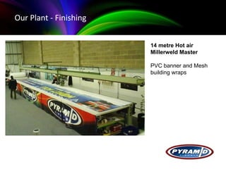 Examples of our work - BlackBerry Our Plant - Finishing  14 metre Hot air Millerweld Master    PVC banner and Mesh building wraps 