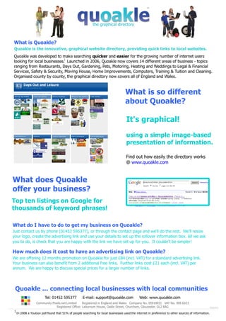 What is Quoakle?
Quoakle is the innovative, graphical website directory, providing quick links to local websites.

 What is Quoakle?
Quoakle was developed to make searching quicker and easier for the growing number of internet users
                             1
looking for local the innovative, graphical website directory, providing quick links to local websites.
 Quoakle is businesses. Launched in 2006, Quoakle now covers 14 different areas of business! Topics
include Restaurants, Days Out, Gardening, Pets, Motoring, Heating and Weddings. Organised county by county,
 Quoakle was developed to make searching quicker and easier for the growing number of internet users
the graphical directory is growing rapidly across the region.
 looking for local businesses. Wiltshire, Oxfordshire, Quoakle now m
                                    1
Quoakle now covers Gloucestershire, Launched in 2006, Bristol & Avon, Warwickshire, different areas of business - topics
                                                                           covers 14 Herefordshire and
Worcestershire.
ranging from Restaurants, Days Out, Gardening, Pets, Motoring, Heating and Weddings to Legal & Financial
We predict a Safety &of 50,000 visitors this House, Home Improvements, over 1000 visitors.
Services, minimum Security, Moving year based on our weekly figures of Computers, Training & Tuition and Cleaning.
Organised county by county, the graphical directory now covers all of England and Wales.



                                                                                     What is so different
                                                                                     about Quoakle?

                                                                                     It's graphical!
                                                                                     using a simple image-based
                                                                                     presentation of information.

                                                                                     Find out how easily the directory works
                                                                                     @ www.quoakle.com



What does Quoakle
offer your business?
Top ten listings on Google for
thousands of keyword phrases!

What do I have to do to get my business on Quoakle?
Just contact us by phone (01452 595377), or through the contact page and we'll do the rest. We'll resize
your logo, create the advertising link and use your details to set up the rollover information box. All we ask
you to do, is check that you are happy with the link we have set up for you. It couldn't be simpler!

How much does it cost to have an advertising link on Quoakle?
We are offering 12 months promotion on Quoakle for just £84 (incl. VAT) for a standard advertising link.
Your business can also benefit from 2 additional free links. Further links cost £21 each (incl. VAT) per
annum. We are happy to discuss special prices for a larger number of links.




 Quoakle ... connecting local businesses with local communities
                         Tel: 01452 595377           E-mail: support@quoakle.com               Web: www.quoakle.com
                   Community Pixels.net Limited    Registered in England and Wales Company No. 05919031 VAT No. 908 6323
                                Registered Office: Laburnum House, Oakle Street, Churcham, Gloucester. GL2 8AG                                        02/02/2012

 1
     In 2008 a YouGov poll found that 51% of people searching for local businesses used the internet in preference to other sources of information.
 