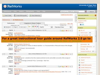 For a great instructional tour guide around RefWorks 2.0 go to:
http://www.refworks-cos.com/refworks/rwpreview/RefWorks_New_UI_demo.htm

 