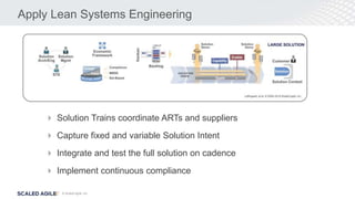 © Scaled Agile, Inc.
Apply Lean Systems Engineering
 Solution Trains coordinate ARTs and suppliers
 Capture fixed and variable Solution Intent
 Integrate and test the full solution on cadence
 Implement continuous compliance
 
