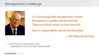 © Scaled Agile, Inc.
Management’s challenge
It is not enough that management commit
themselves to quality and productivity. …
They must know what it is they must do.
Such a responsibility cannot be delegated.
—W. Edwards Deming
“… and if you can’t come, send no one.”
—Vignette from Out of the Crisis, Deming,1986
 