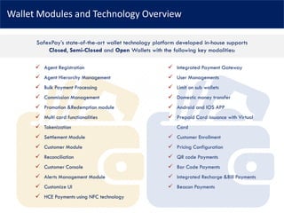 Wallet Modules and Technology Overview
✓ Agent Registration
✓ Agent Hierarchy Management
✓ Bulk Payment Processing
✓ Commission Management
✓ Promotion &Redemption module
✓ Multi card functionalities
✓ Tokenization
✓ Settlement Module
✓ Customer Module
✓ Reconciliation
✓ Customer Console
✓ Alerts Management Module
✓ Customize UI
✓ HCE Payments using NFC technology
✓ Integrated Payment Gateway
✓ User Managements
✓ Limit on sub wallets
✓ Domestic money transfer
✓ Android and IOS APP
✓ Prepaid Card issuance with Virtual
Card
✓ Customer Enrollment
✓ Pricing Configuration
✓ QR code Payments
✓ Bar Code Payments
✓ Integrated Recharge &Bill Payments
✓ Beacon Payments
SafexPay’s state-of-the-art wallet technology platform developed in-house supports
Closed, Semi-Closed and Open Wallets with the following key modalities:
 