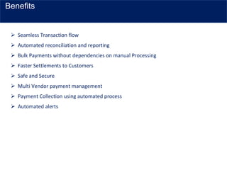 Benefits
➢ Seamless Transaction flow
➢ Automated reconciliation and reporting
➢ Bulk Payments without dependencies on manual Processing
➢ Faster Settlements to Customers
➢ Safe and Secure
➢ Multi Vendor payment management
➢ Payment Collection using automated process
➢ Automated alerts
 