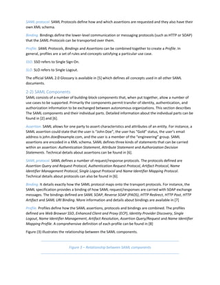 SAML protocol. SAML Protocols define how and which assertions are requested and they also have their
own XML schema.
Binding. Bindings define the lower-level communication or messaging protocols (such as HTTP or SOAP)
that the SAML Protocols can be transported over them.
Profile. SAML Protocols, Bindings and Assertions can be combined together to create a Profile. In
general, profiles are a set of rules and concepts satisfying a particular use case.
SSO. SSO refers to Single Sign On.
SLO. SLO refers to Single Logout.
The official SAML 2.0 Glossary is available in [5] which defines all concepts used in all other SAML
documents.
2-2) SAML Components
SAML consists of a number of building-block components that, when put together, allow a number of
use cases to be supported. Primarily the components permit transfer of identity, authentication, and
authorization information to be exchanged between autonomous organizations. This section describes
The SAML components and their individual parts. Detailed information about the individual parts can be
found in [2] and [6].
Assertion. SAML allows for one party to assert characteristics and attributes of an entity. For instance, a
SAML assertion could state that the user is “John Doe”, the user has “Gold” status, the user’s email
address is john.doe@example.com, and the user is a member of the “engineering” group. SAML
assertions are encoded in a XML schema. SAML defines three kinds of statements that can be carried
within an assertion: Authentication Statement, Attribute Statement and Authorization Decision
Statements. Technical details about assertions can be found in [6].
SAML protocol. SAML defines a number of request/response protocols. The protocols defined are
Assertion Query and Request Protocol, Authentication Request Protocol, Artifact Protocol, Name
Identifier Management Protocol, Single Logout Protocol and Name Identifier Mapping Protocol.
Technical details about protocols can also be found in [6].
Binding. It details exactly how the SAML protocol maps onto the transport protocols. For instance, the
SAML specification provides a binding of how SAML request/responses are carried with SOAP exchange
messages. The bindings defined are SAML SOAP, Reverse SOAP (PAOS), HTTP Redirect, HTTP Post, HTTP
Artifact and SAML URI Binding. More information and details about bindings are available in [7]
Profile. Profiles define how the SAML assertions, protocols and bindings are combined. The profiles
defined are Web Browser SSO, Enhanced Client and Proxy (ECP), Identity Provider Discovery, Single
Logout, Name Identifier Management, Artifact Resolution, Assertion Query/Request and Name Identifier
Mapping Profile. A comprehensive definition of each profile can be found in [8]
Figure (3) illustrates the relationship between the SAML components.
Figure 3 – Relationship between SAML components
 