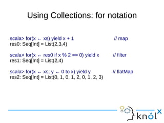Using Collections: for notation

scala> for(x ← xs) yield x + 1                     // map
res0: Seq[Int] = List(2,3,4)

scala> for(x ← res0 if x % 2 == 0) yield x         // filter
res1: Seq[Int] = List(2,4)

scala> for(x ← xs; y ← 0 to x) yield y             // flatMap
res2: Seq[Int] = List(0, 1, 0, 1, 2, 0, 1, 2, 3)
 